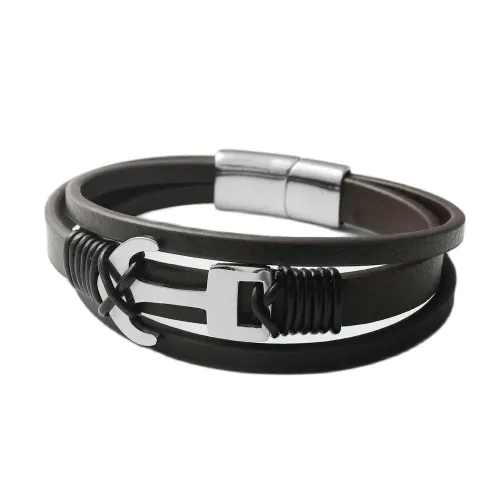 BTGM76 Men's Anchor Punk Leather Bracelet Stainless Steel Nautical Hook Braid