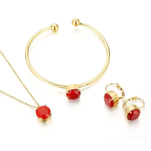 BTGM255 Red Crystal Glass Stainless Steel Jewelry Set Bracelet, Earrings Necklace for Women
