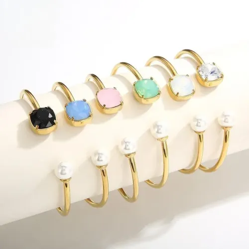 BTGM178 Square Zirconia Pearl Rhinestone C-Shaped Stainless Steel Bracelet for Women