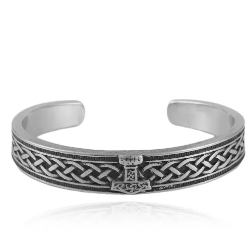BTGM33 Thor's Hammer Open Cuff Bracelet Braided Stainless Steel Mjolnir Bangle