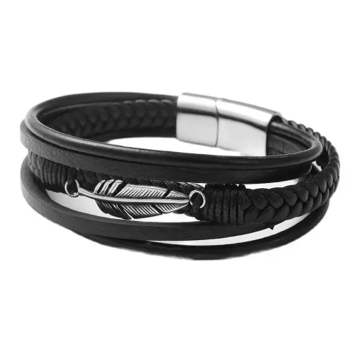 BTGM55 Men's Feather Punk Leather Bracelet Stainless Steel Braided Animal Feather
