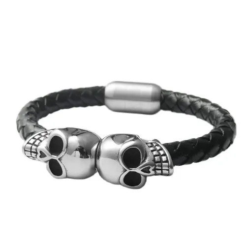 BTGM72 Men's Dual Skull Punk Leather Bracelet Stainless Steel Braided Double Head