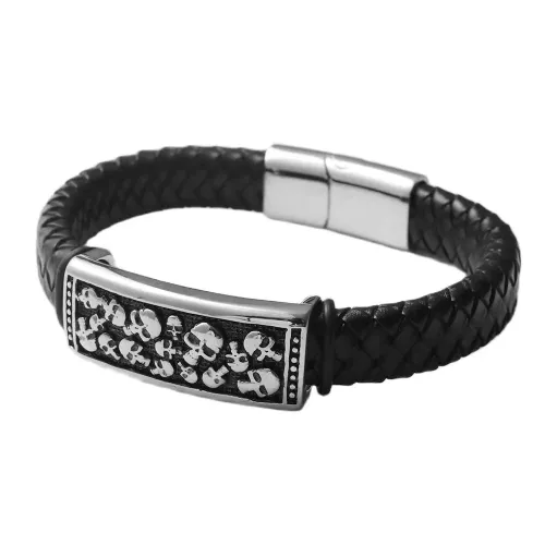 BTGM54 Men's Skull Punk Leather Bracelet Stainless Steel Braided
