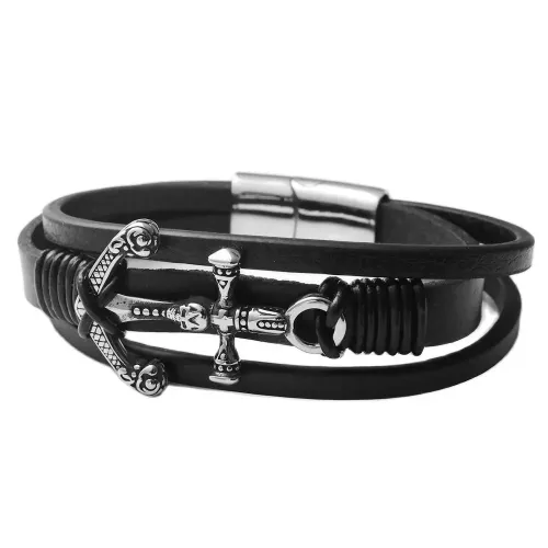 BTGM69 Men's skull anchor Punk Leather Bracelet Stainless Steel Braided
