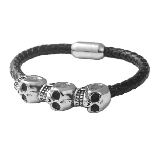 BTGM67 Men's Skull Punk Leather Bracelet Stainless Steel Braided Skull