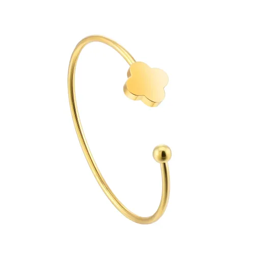 BTGM268 Golden Four-Leaf Clover Stainless Steel Open Cuff Bracelet Comfort Fit Bangle