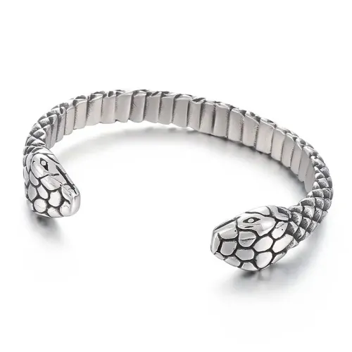BTGM258 Punk Stainless Steel Double Snake Head Open Cuff Bracelet Unisex Hip-Hop Bangle