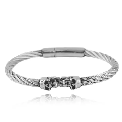 BTGM35 Dual Skull Head Bracelet Stainless Steel Gothic Bangle