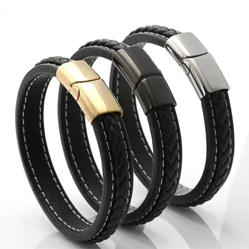 BTGM81 Black Stainless Steel Leather Cord Bracelet Braided Leather Band