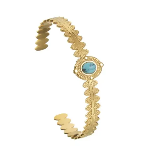 BTGM319 Green Turquoise Open Cuff Bracelet Stainless Steel K Gold Plated