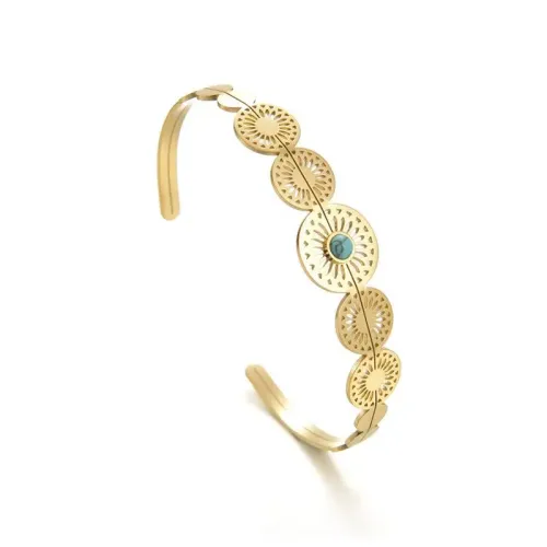 BTGM311 Floral Hollow Circle Charm Open Cuff Adjustable Bracelet for Women K Gold Stainless Steel