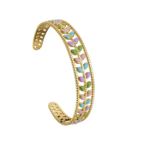 BTGM310 Colorful Enamel Leaf Open Cuff Bracelet for Office Ladies K Gold Plated Stainless Steel
