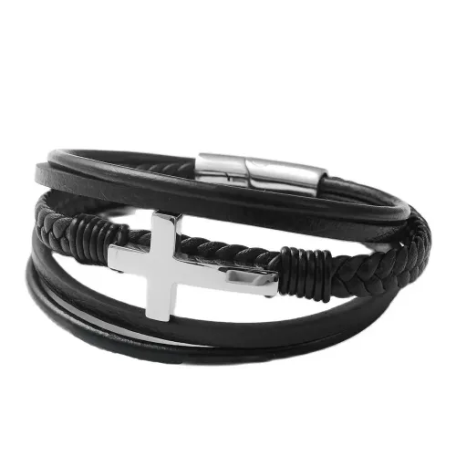 BTGM64 Men's Stainless Steel Cross Punk Leather Bracelet Braided Cross