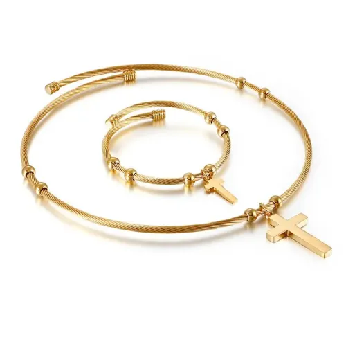 BTGM224 Cross Collar Choker Stainless Steel Women's Necklace Bracelet Set Elegant Jewelry
