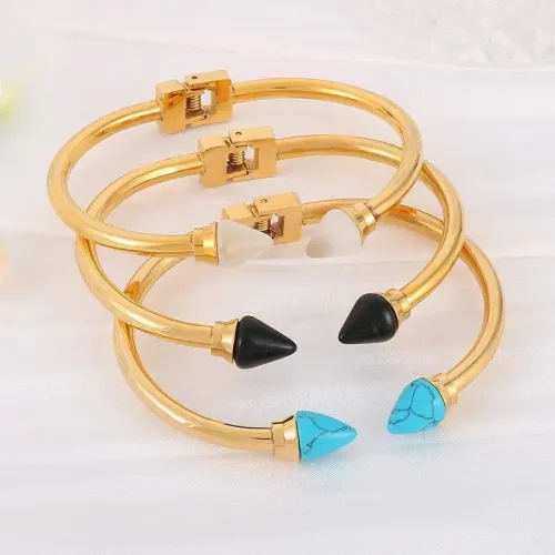 BTGM214 Gold Stainless Steel Rivet Cone Turquoise Bracelet for Women Couples' Fashion Bangle
