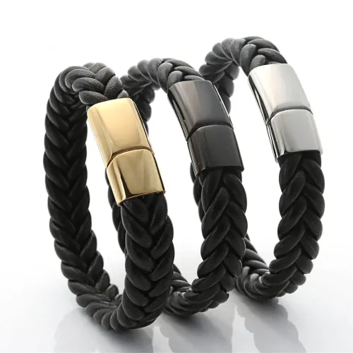 BTGM80 Black Double-Strand Woven Leather Bracelet Stainless Steel Men's