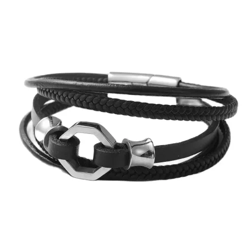 BTGM75 Men's Punk Leather Bracelet Hollow Circle Stainless Steel Braided