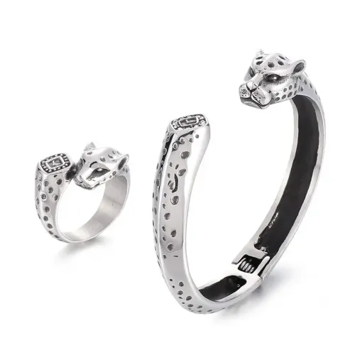 BTGM169 Stainless Steel Leopard Print Open Cuff Bracelet Ring Set for Men and Women