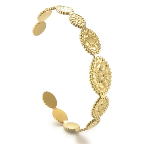 BTGM298 Elegant Sunflower Open Cuff Bracelet for Women K Gold Oval Pattern Stainless Steel