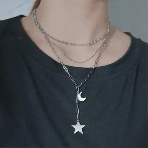 NTM4141 Women's Star Clavicle Chain Multi-Layered Tassel Small Moon Pendant Necklace in Stainless Steel