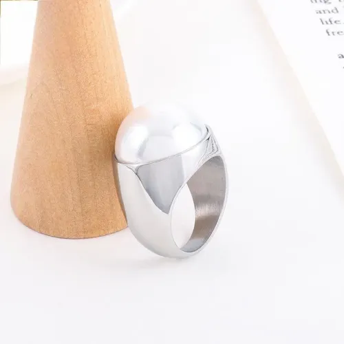 RTM3043 Unique Wide Imitation Pearl Ring Women's Polished Stainless Steel