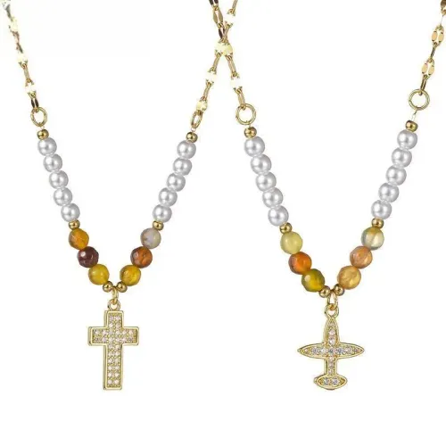 NTM4144 Chinese Bohemian Beaded Cross Pendant Sweater Chain Jewelry Necklace