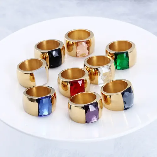 RTM3042 Elegant Multi-Color Titanium Steel Glass Gold Rings for Women