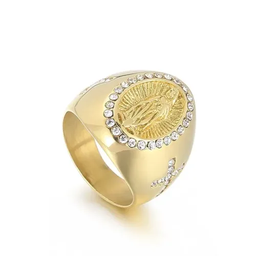 RTM3289 18K Gold Plated Virgin Mary Rhinestones Ring Hip Hop Diamond Stainless Steel Jewelry