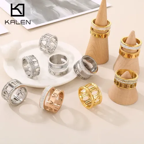 RTM3012 Elegant Titanium Steel Diamond Ring with Roman Numeral Design Hollow Band