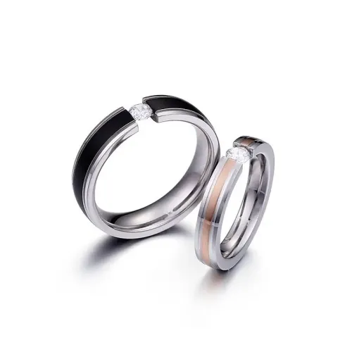 RTM3171 Black Rose Gold Solitaire Diamond Couple Ring Genuine Titanium Steel