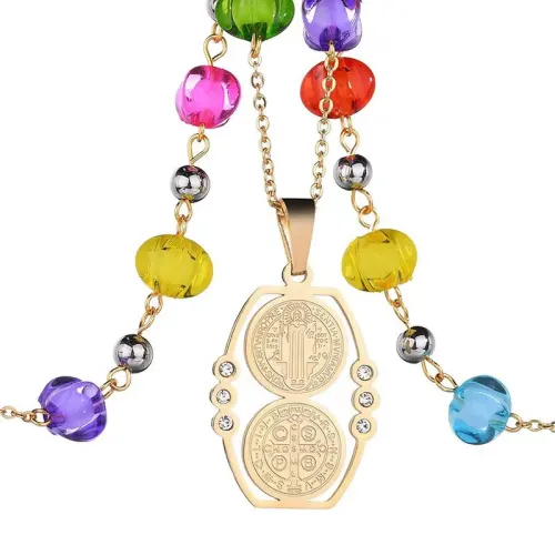NTM4146 Brand Medal Irregular Diamond Pendant Colorful Rosary Titanium Steel Women's Sweater Chain