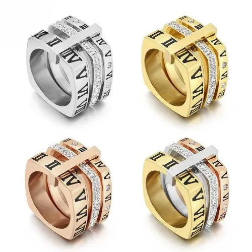 RTM2941 Elegant Multi-Ring Square Combo with Roman Numerals Stainless Steel Diamond Ring