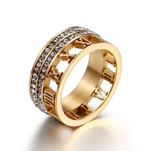 RTM3263 Roman Numeral Hollow Titanium Steel Diamond Ring Timeless Elegance