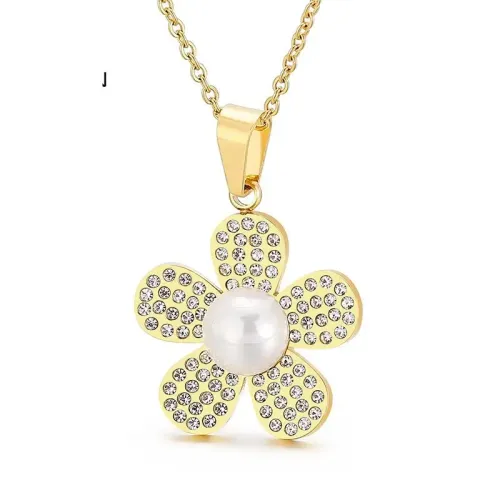 NTM4074 Women's Chrysanthemum Rhinestone Pendant Stainless Steel Necklace Jewelry