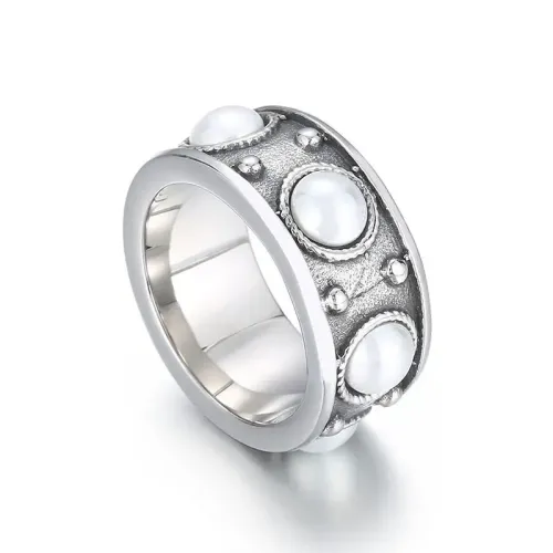 RTM3045 Elegant Blackened Pearl Ring Luxurious Stainless Steel for Women
