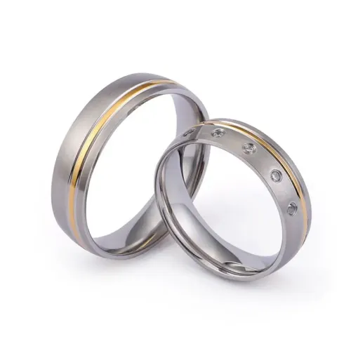 RTM3123 Elegant Gold Couple Rings Stainless Steel Frosted with Rhinestones
