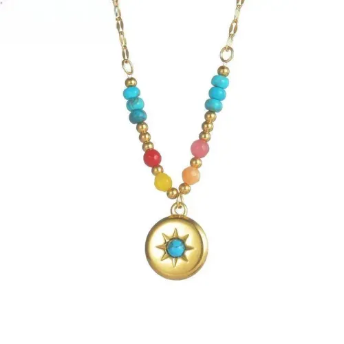 NTM4139 14K Gold Eight-Pointed Star Pendant Women's Titanium Steel Colorful Beaded Clavicle Chain