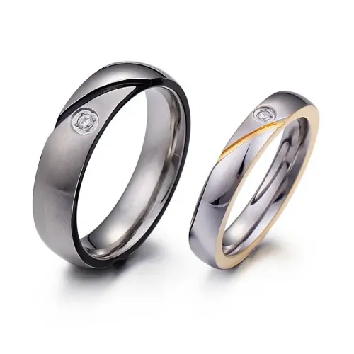 RTM3107 Gold Black Solitaire Diamond Ring White Frosted Titanium Steel Couple Jewelry