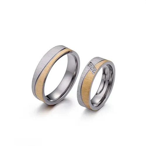 RTM3371 Two-Tone Diamond Couple Ring Frosted Gold Silver Titanium Steel