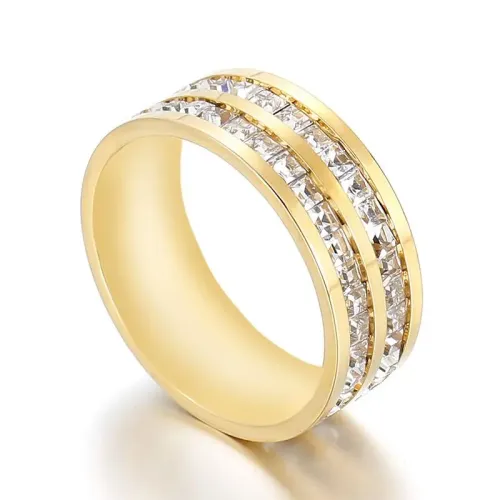 RTM3048 Luxury Golden Double Row Diamond Couple Ring Titanium Steel Jewelry