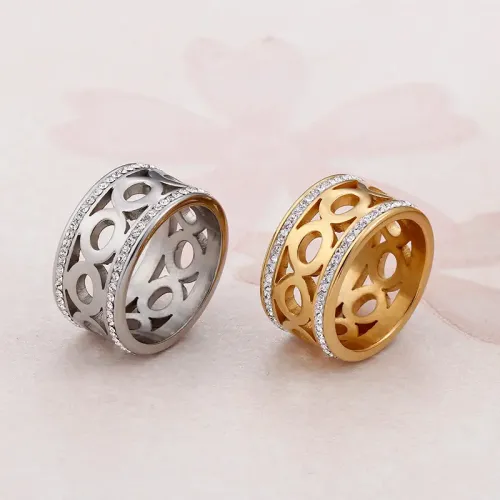 RTM3003 Elegant Titanium Steel Circle Ring Set Dual Zircon Diamond Hollow Design