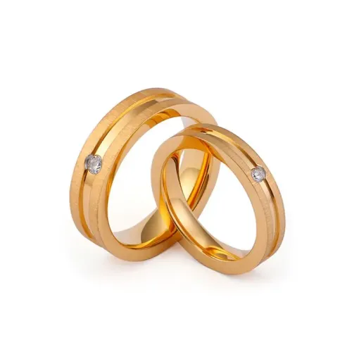 RTM3366 Electroplated Gold Rhinestone Couple Rings Frosted Stainless Steel Bands