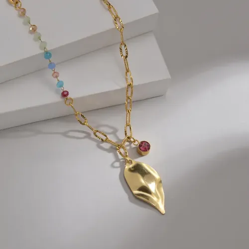 NTM4142 14K Gold Beaded Leaf Pendant Women's Diamond-Spliced Clavicle Chain Necklace