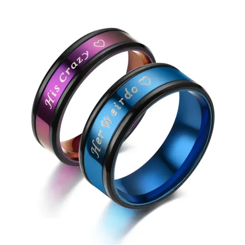RTM3361 Blue Purple 'His Crazy, Her Weirdo' Couple Rings Unique Love Bands