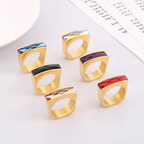 RTM3028 Luxury Women's Square Multicolor Gemstone Ring Stainless Steel Gold Band