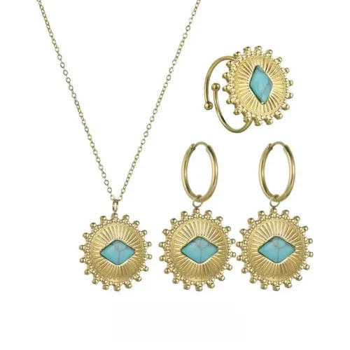 NTM4174 14K Gold Rhombus Turquoise Dot Round Suit Women's Stainless Steel Jewelry