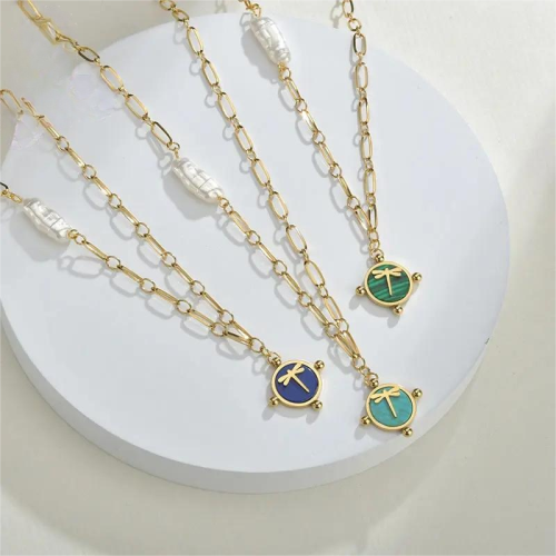 NTM3444 14K Gold Emerald Dragonfly Stainless Steel Chunky Pearl Necklace