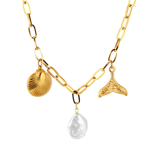 ONT3 Trendy beach personality simple fashion stainless steel ocean shell fishtail pearl pendant paper clip necklace