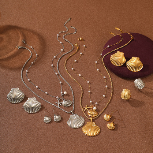 ONT15 Ocean Shell Pearl Titanium Steel Necklace Set Combination Women's Fashion Light Luxury All-match Stainless Steel Pendant