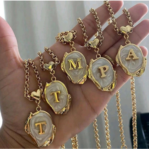ONT17 Titanium steel 26 letter gold necklace oil drop three-dimensional character pendant cross-border real gold plated love clavicle chain female wholesale